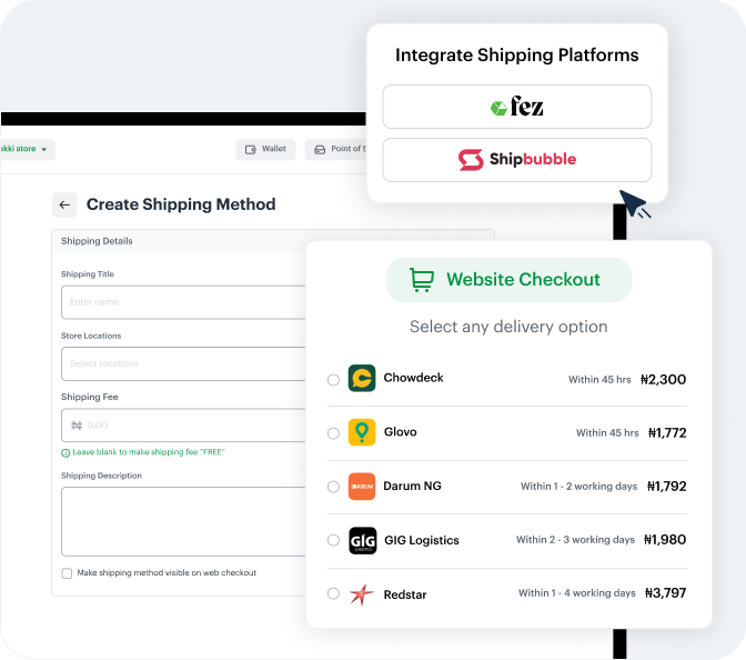 Screenshot showing shipping platform integration options like Fez and Shipbubble.